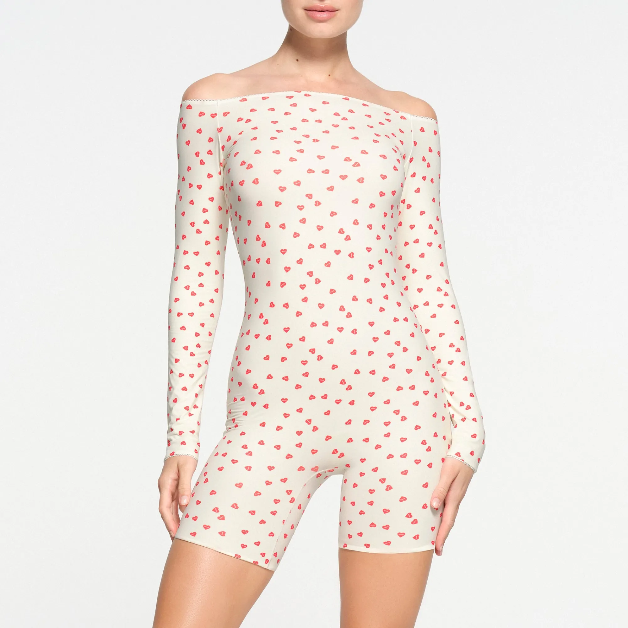 FITS EVERYBODY PICOT TRIM OFF THE SHOULDER ONESIE | RUBY HEART PRINT-Skims Online