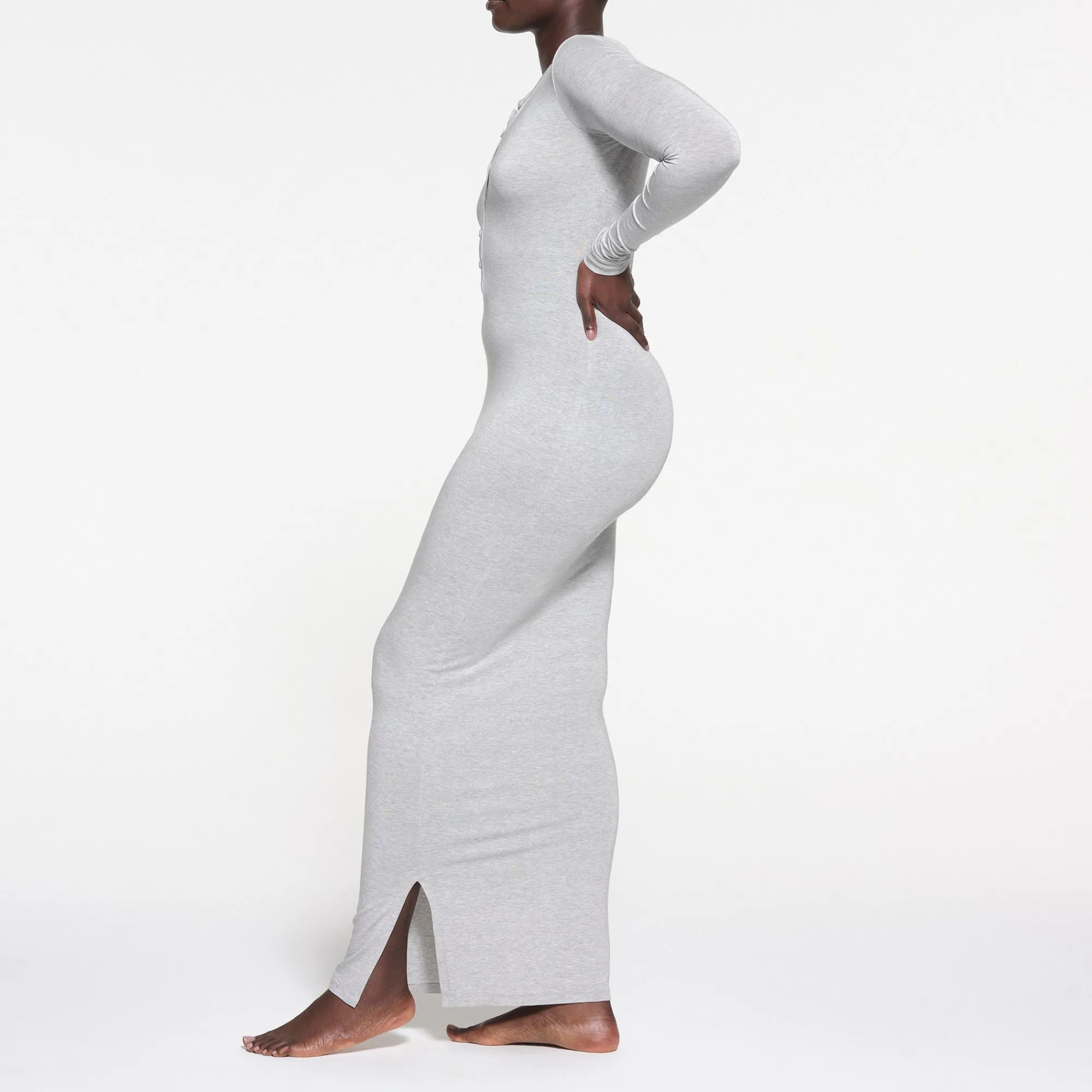 SLEEP HENLEY LONG DRESS | LIGHT HEATHER GREY-Skims Clearance