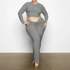 SOFT LOUNGE RUCHED LONG SKIRT | HEATHER GREY-Skims New