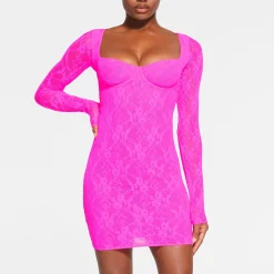 STRETCH LACE LINED LONG SLEEVE UNDERWIRE DRESS | NEON PINK-Skims Clearance