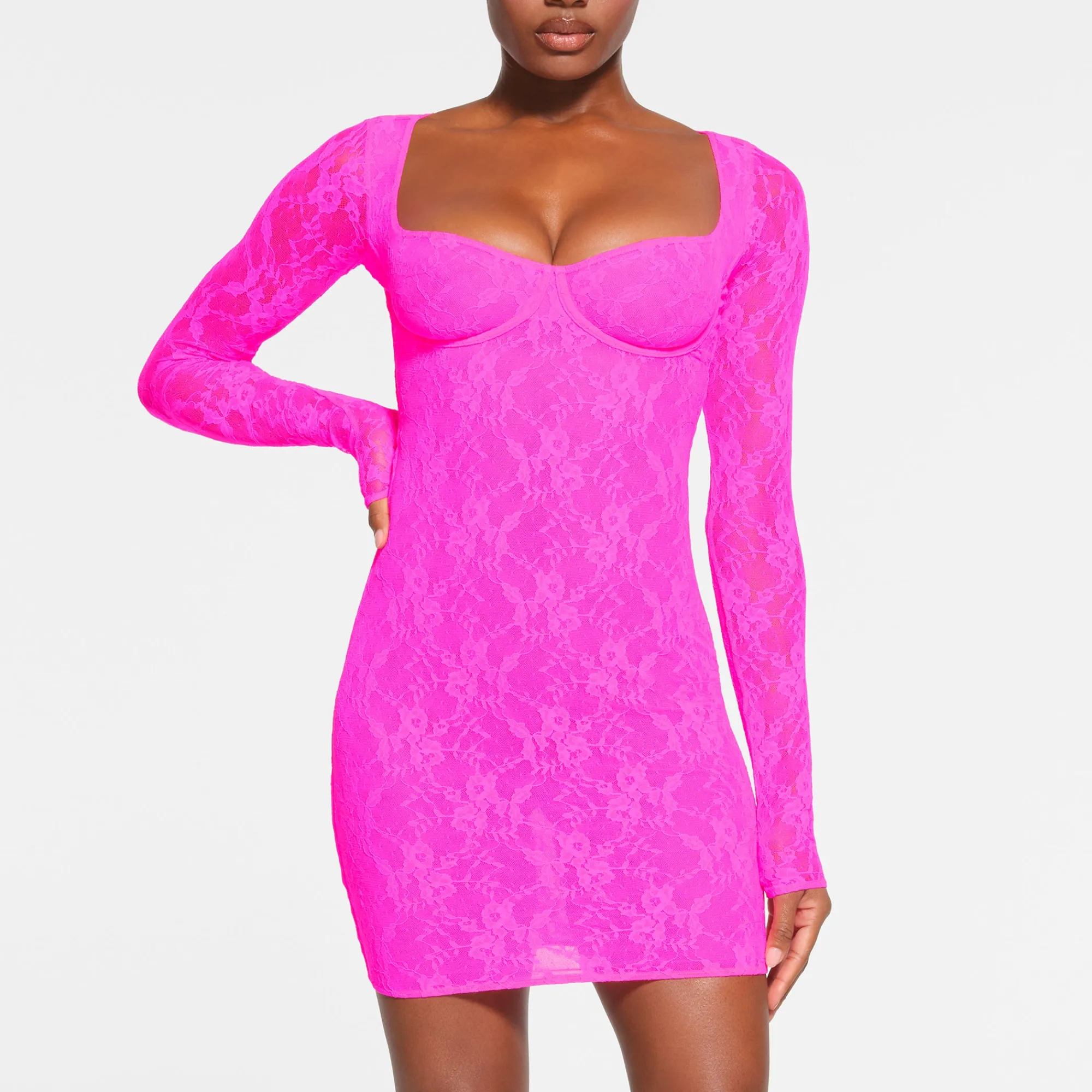 STRETCH LACE LINED LONG SLEEVE UNDERWIRE DRESS | NEON PINK-Skims Clearance