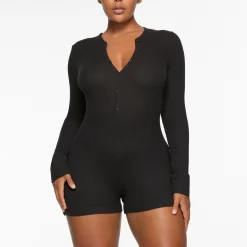 WAFFLE BUTTON UP HENLEY ONESIE |-Skims Fashion
